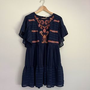 Entro Navy Blue Floral Embroidered Dress Size S
